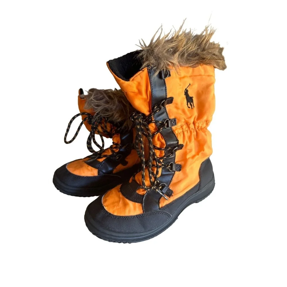 Ralph Lauren Polo Kids Orange Winter Boots Faux Fur Trim Waterproof Size 2